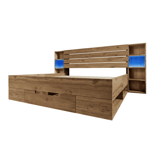 Cama de casal 160x200 - Cama de madeira maciça com arrumação, cabeceira com iluminação LED e USB C, com estrado de madeira, carvalho (com colchão)