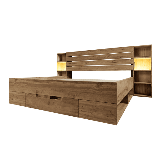 Cama de casal 160x200 - Cama de madeira maciça com arrumação, cabeceira com iluminação LED e USB C, com estrado de madeira, carvalho (com colchão)