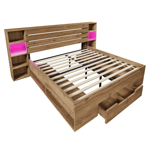 Cama de casal 160x200 - Cama de madeira maciça com arrumação, cabeceira com iluminação LED e USB C, com estrado de madeira, carvalho (com colchão)