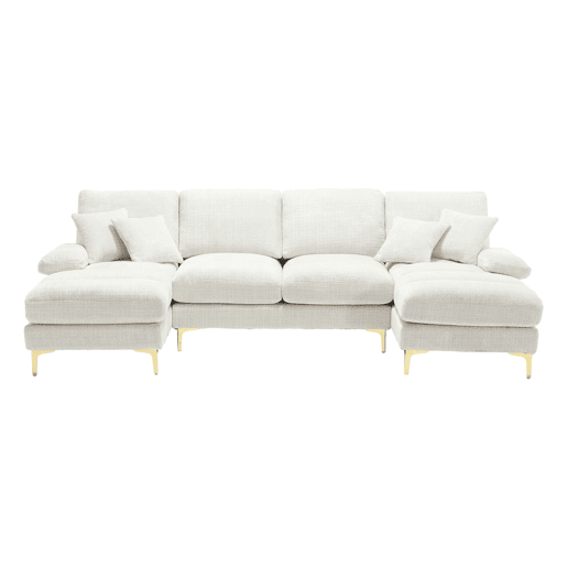 Sofá seccional grande em U - Chenille com chaise longue dupla - Bege