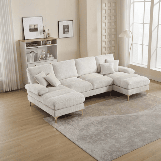 Sofá seccional grande em U - Chenille com chaise longue dupla - Bege