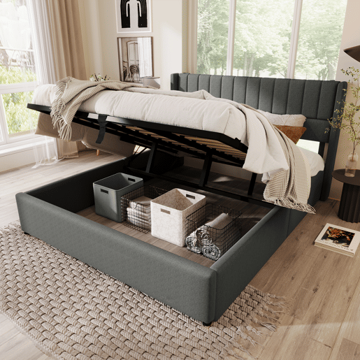Cama de casal hidráulica 140x200 - com estrado de madeira e metal, estofada em linho - Cinza