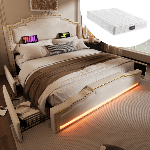 Cama de casal estofada 140x200 cm - com 4 gavetas, iluminação LED, porta de carregamento USB-C e estrado - veludo bege - com colchão