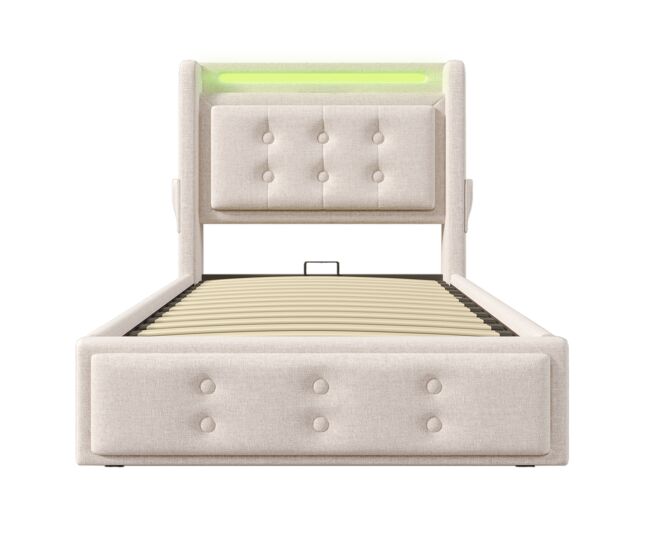 Cama individual tapizada 90x200 - cabecero led, carga usb c, hidráulica, estructura madera y metal - beige