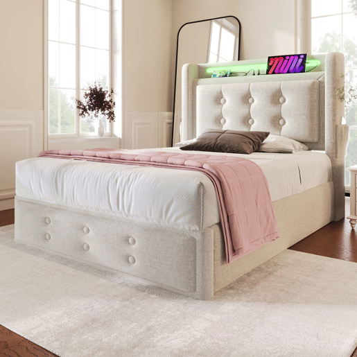 Cama individual estofada 90x200 - cabeceira LED, carregamento USB C, hidráulica, estrutura em madeira e metal - Bege