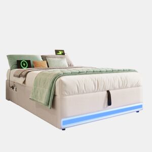 Cama com arrumação 90x200cm - LED com comando à distância, USB e Tipo-C, sem cabeceira, função hidráulica - Bege