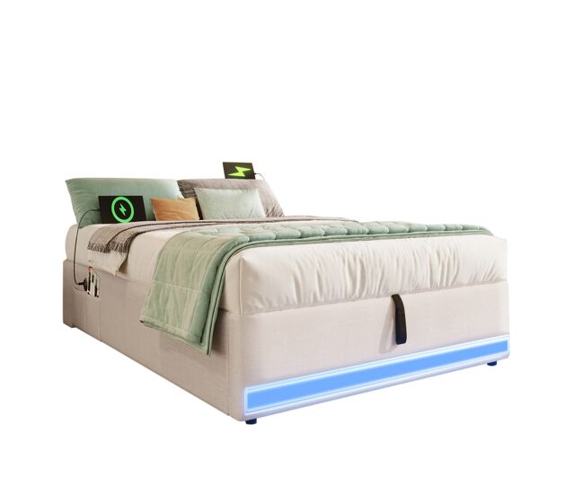 Cama con almacenamiento 90x200cm - led con mando a distancia, usb y tipo-c, sin cabecera, función hidráulica - beige