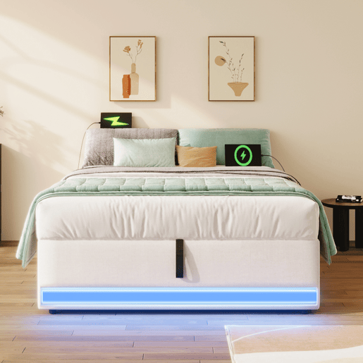 Cama com arrumação 90x200cm - LED com comando à distância, USB e Tipo-C, sem cabeceira, função hidráulica - Bege