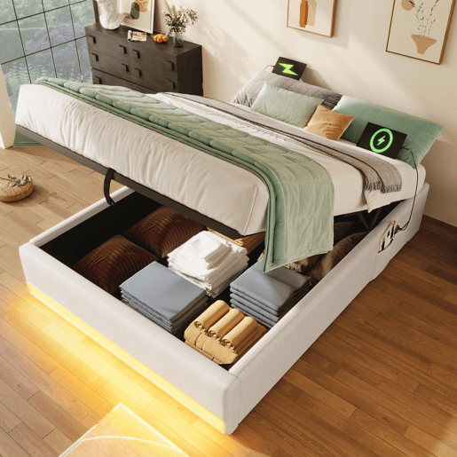 Cama com arrumação 90x200cm - LED com comando à distância, USB e Tipo-C, sem cabeceira, função hidráulica - Bege