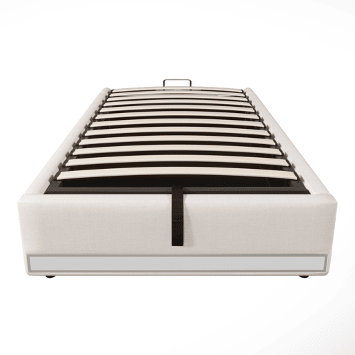 Cama com arrumação 90x200cm - LED com comando à distância, USB e Tipo-C, sem cabeceira, função hidráulica - Bege