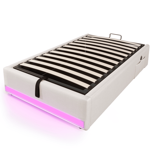 Cama com arrumação 90x200cm - LED com comando à distância, USB e Tipo-C, sem cabeceira, função hidráulica - Bege