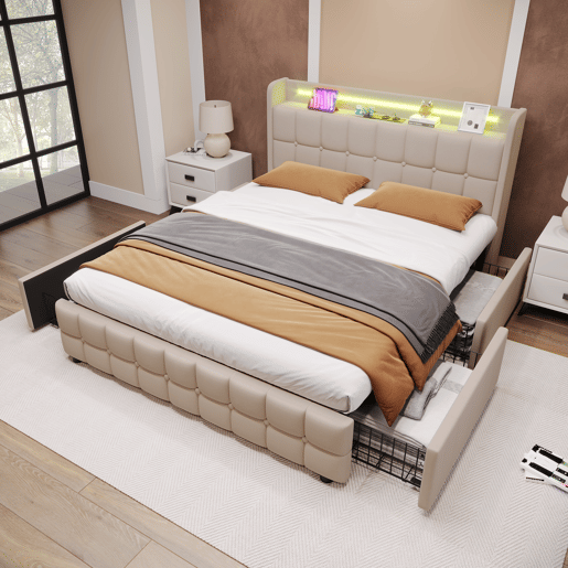 Cama estofada 140x200cm - Com função de carregamento USB, cabeceira com LED e 4 gavetas - Bege