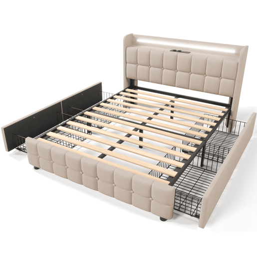 Cama estofada 140x200cm - Com função de carregamento USB, cabeceira com LED e 4 gavetas - Bege