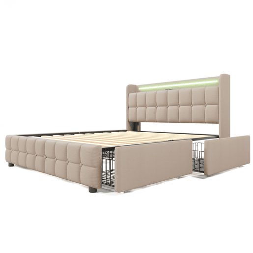 Cama estofada 140x200cm - Com função de carregamento USB, cabeceira com LED e 4 gavetas - Bege