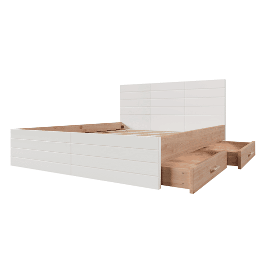 Cama de casal 160x200cm - Cama moderna com 2 gavetas, estrutura em madeira e estrado - CarvalhoBranco