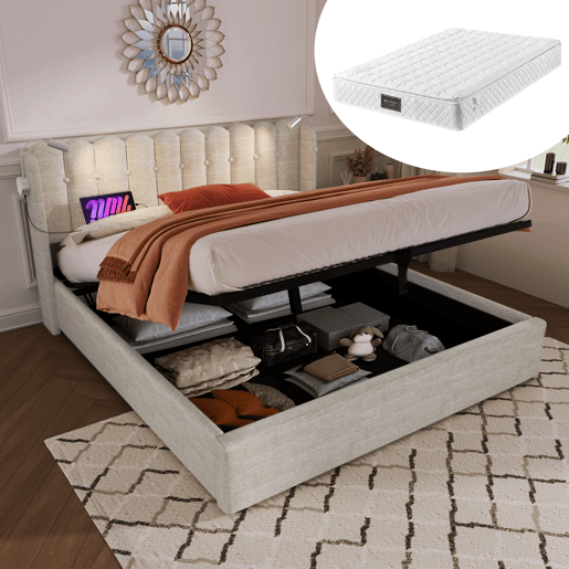 Cama estofada 160x200 - Com luz de leitura, função de carregamento, cabeceira com arrumação, estrutura em linho - Natural
