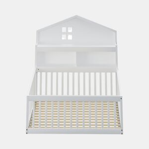 Cama infantil 140x200 - Estrutura em madeira maciça, com prateleiras e arrumação, com grade e porta, com ripas de madeira, Branco