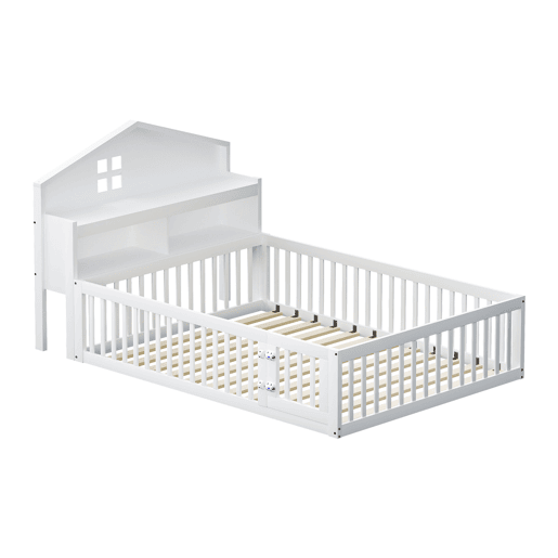 Cama infantil 140x200 - Estrutura em madeira maciça, com prateleiras e arrumação, com grade e porta, com ripas de madeira, Branco