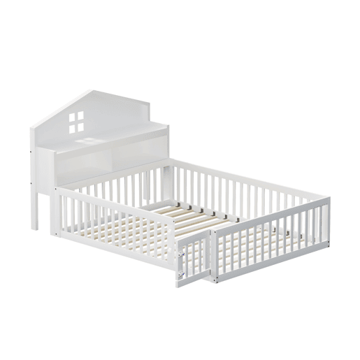 Cama infantil 140x200 - Estrutura em madeira maciça, com prateleiras e arrumação, com grade e porta, com ripas de madeira, Branco