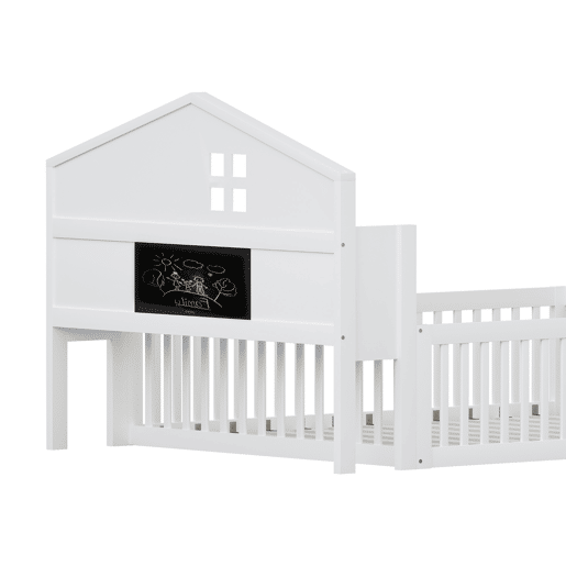 Cama infantil 140x200 - Estrutura em madeira maciça, com prateleiras e arrumação, com grade e porta, com ripas de madeira, Branco