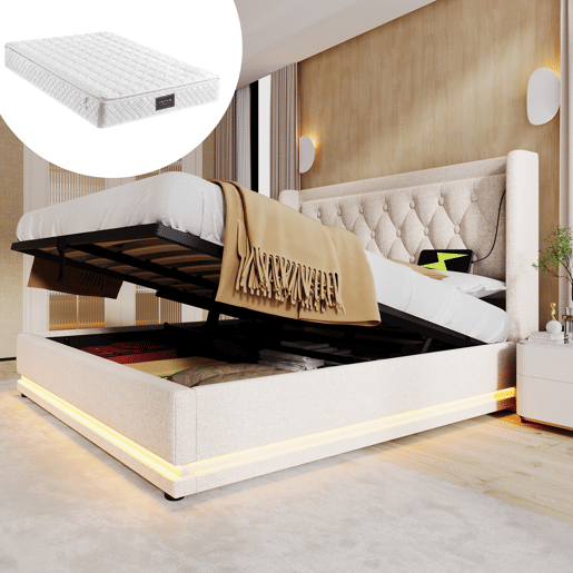 Cama de casal estofada 140*200 cm - armazenamento hidráulico, cabeceira acolchoada com USB e LED em 3 lados - Bege