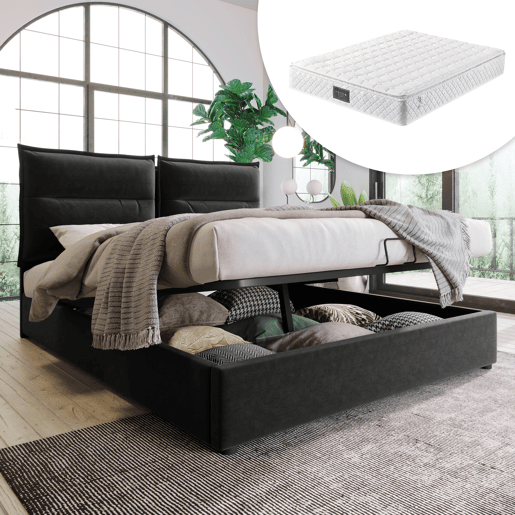 Cama de casal 140x200 - Estofada, cabeceira ajustável, estrado metálico, amplo espaço de arrumação - Preto