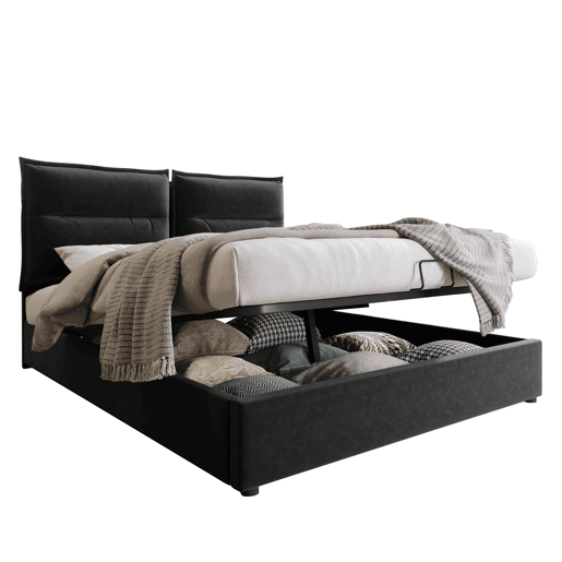 Cama de casal 140x200 - Estofada, cabeceira ajustável, estrado metálico, amplo espaço de arrumação - Preto