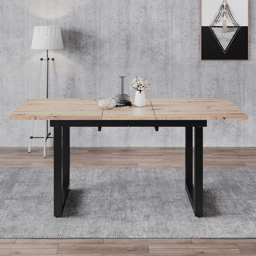 Mesa de jantar extensível 1401808075 - estilo industrial, retangular, mesa de café moderna, ferro, MDF, aparência carvalho + preto