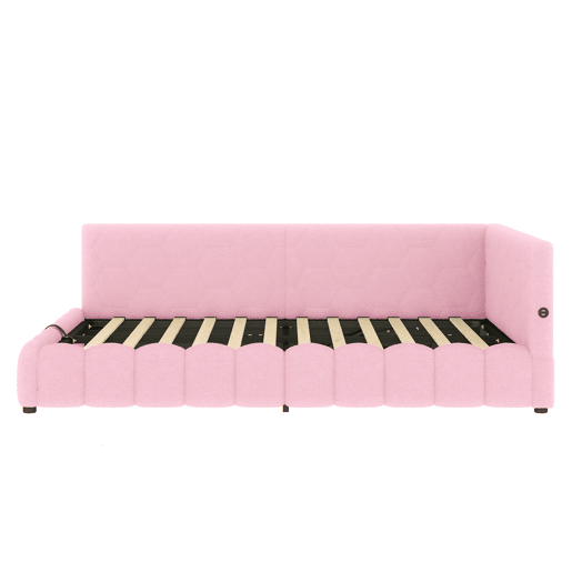 Cama de dia 140x200 cm - Sofá-cama, com estrado (sem colchão), com faixa LED, mecanismo hidráulico, porta USB, tipo C, material confortável, imitação de veludo - Rosa