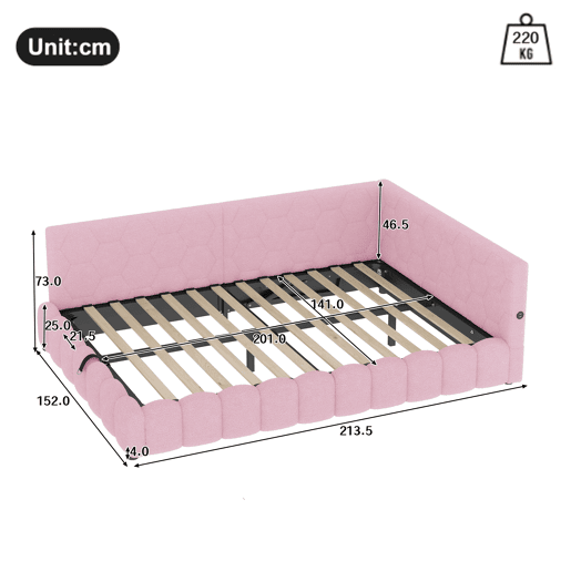 Cama de dia 140x200 cm - Sofá-cama, com estrado (sem colchão), com faixa LED, mecanismo hidráulico, porta USB, tipo C, material confortável, imitação de veludo - Rosa