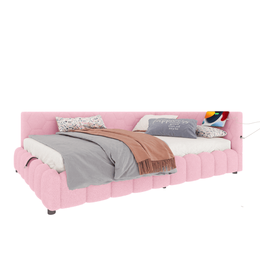 Cama de dia 140x200 cm - Sofá-cama, com estrado (sem colchão), com faixa LED, mecanismo hidráulico, porta USB, tipo C, material confortável, imitação de veludo - Rosa