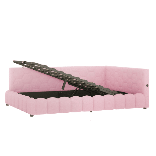 Cama de dia 140x200 cm - Sofá-cama, com estrado (sem colchão), com faixa LED, mecanismo hidráulico, porta USB, tipo C, material confortável, imitação de veludo - Rosa