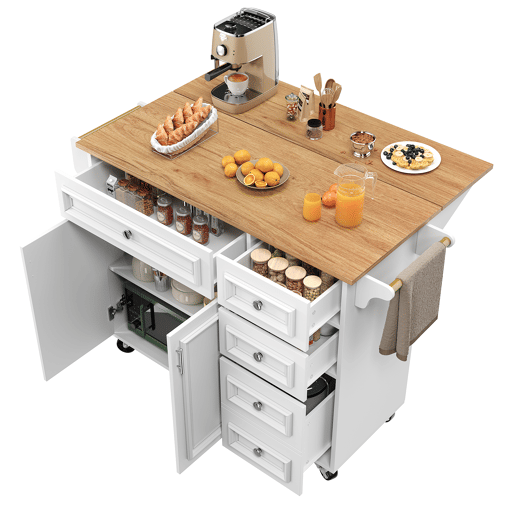 Ilha de cozinha 110x45-75x92 cm - Moderna, com armário de cozinha, carrinho de serviço removível, com design vintage, mesa multifuncional com arrumação - Branco