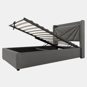 Cama estofada 90x200 - com arrumação, função de carregamento USB Tipo C, cabeceira - Cinza