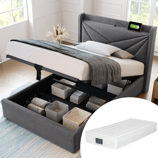 Cama estofada 90x200 - com arrumação, função de carregamento USB Tipo C, cabeceira - Cinza