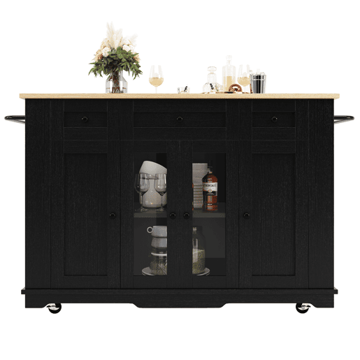 Ilha de cozinha - Com painéis removíveis - Com armário e bancada - Cor Preto + Natural