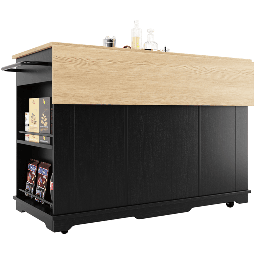Ilha de cozinha - Com painéis removíveis - Com armário e bancada - Cor Preto + Natural