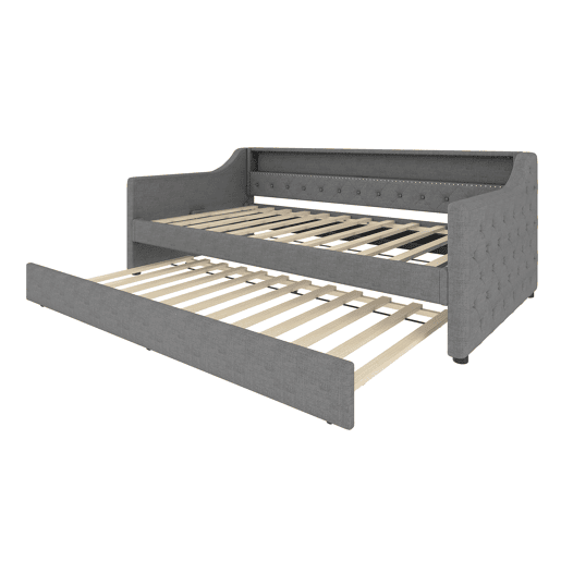 Cama de dia, 90x200 cm - Sofá-cama, com estrado de ripas, luz ambiente com comando, cama extensível, porta USB - Cinza