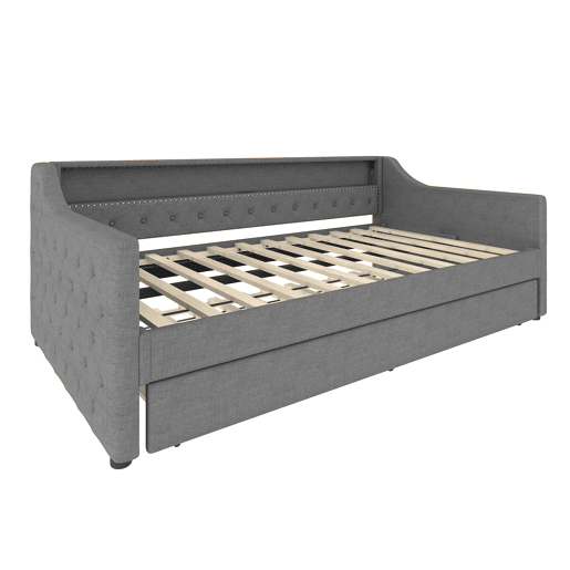 Cama de dia, 90x200 cm - Sofá-cama, com estrado de ripas, luz ambiente com comando, cama extensível, porta USB - Cinza