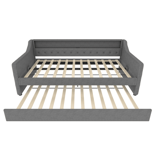 Cama de dia, 90x200 cm - Sofá-cama, com estrado de ripas, luz ambiente com comando, cama extensível, porta USB - Cinza