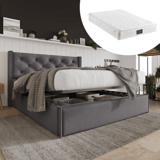 Cama de casal hidráulica 160x200 cm - Estofada com arrumação e estrado de metal - Cinza