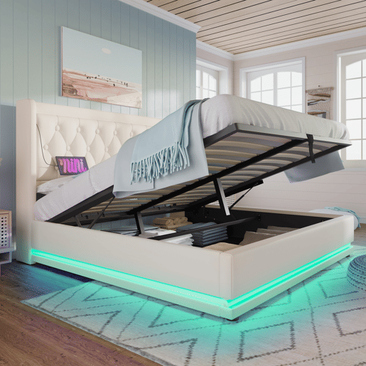 Cama estofada 140*200 cm - Cama hidráulica com arrumação, cabeceira acolchoada com função de carregamento USB Tipo-C, função LED em 3 lados - Branco