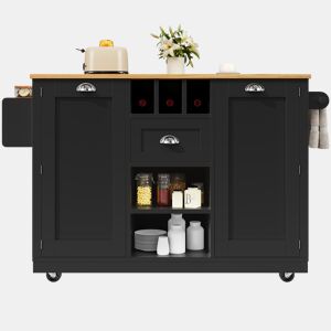 Ilha de cozinha - Mesa de jantar com superfície de trabalho, prateleira para vinhos, com rodas - Preto