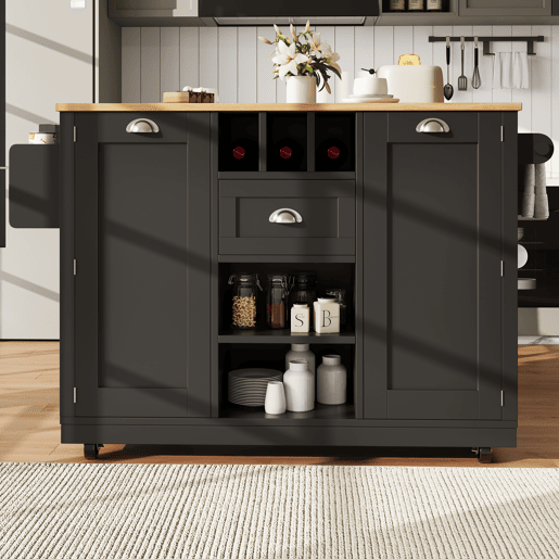 Ilha de cozinha - Mesa de jantar com superfície de trabalho, prateleira para vinhos, com rodas - Preto