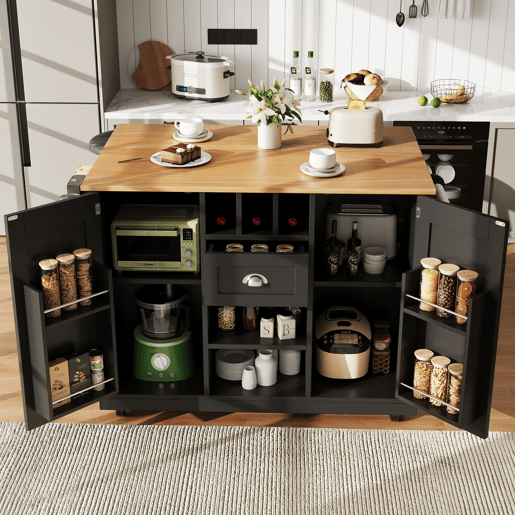Ilha de cozinha - Mesa de jantar com superfície de trabalho, prateleira para vinhos, com rodas - Preto