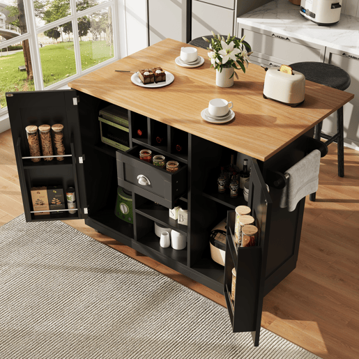 Ilha de cozinha - Mesa de jantar com superfície de trabalho, prateleira para vinhos, com rodas - Preto
