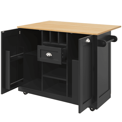 Ilha de cozinha - Mesa de jantar com superfície de trabalho, prateleira para vinhos, com rodas - Preto