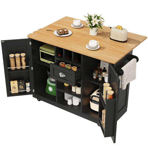 Ilha de cozinha - Mesa de jantar com superfície de trabalho, prateleira para vinhos, com rodas - Preto