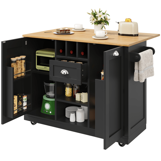 Ilha de cozinha - Mesa de jantar com superfície de trabalho, prateleira para vinhos, com rodas - Preto