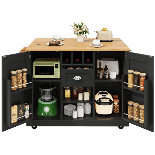 Ilha de cozinha - Mesa de jantar com superfície de trabalho, prateleira para vinhos, com rodas - Preto